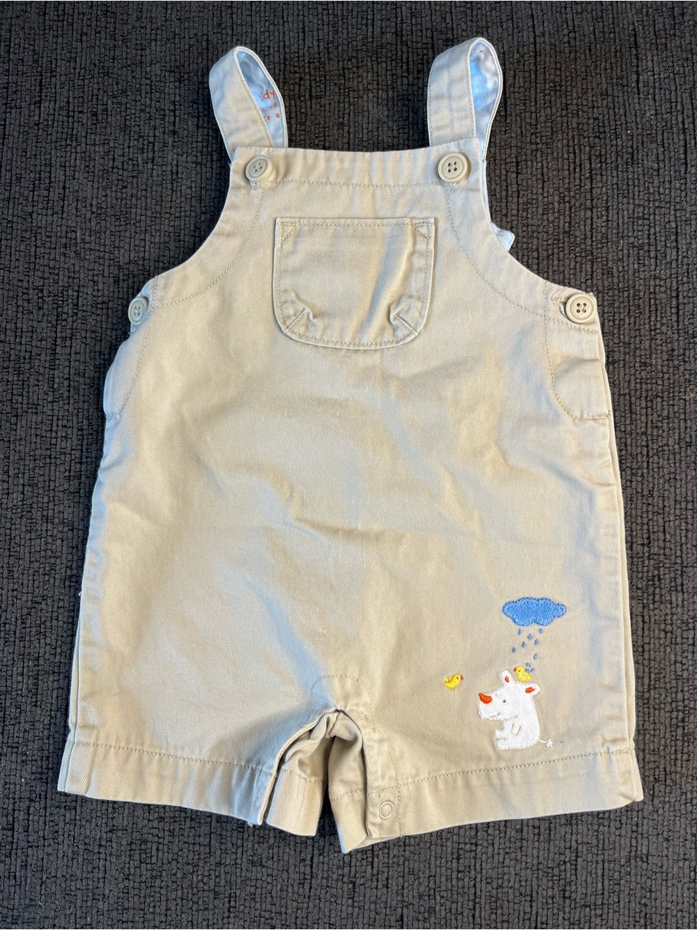 VTG Gymboree Tan Dog & Raincloud Shortalls Overalls 3-6M
